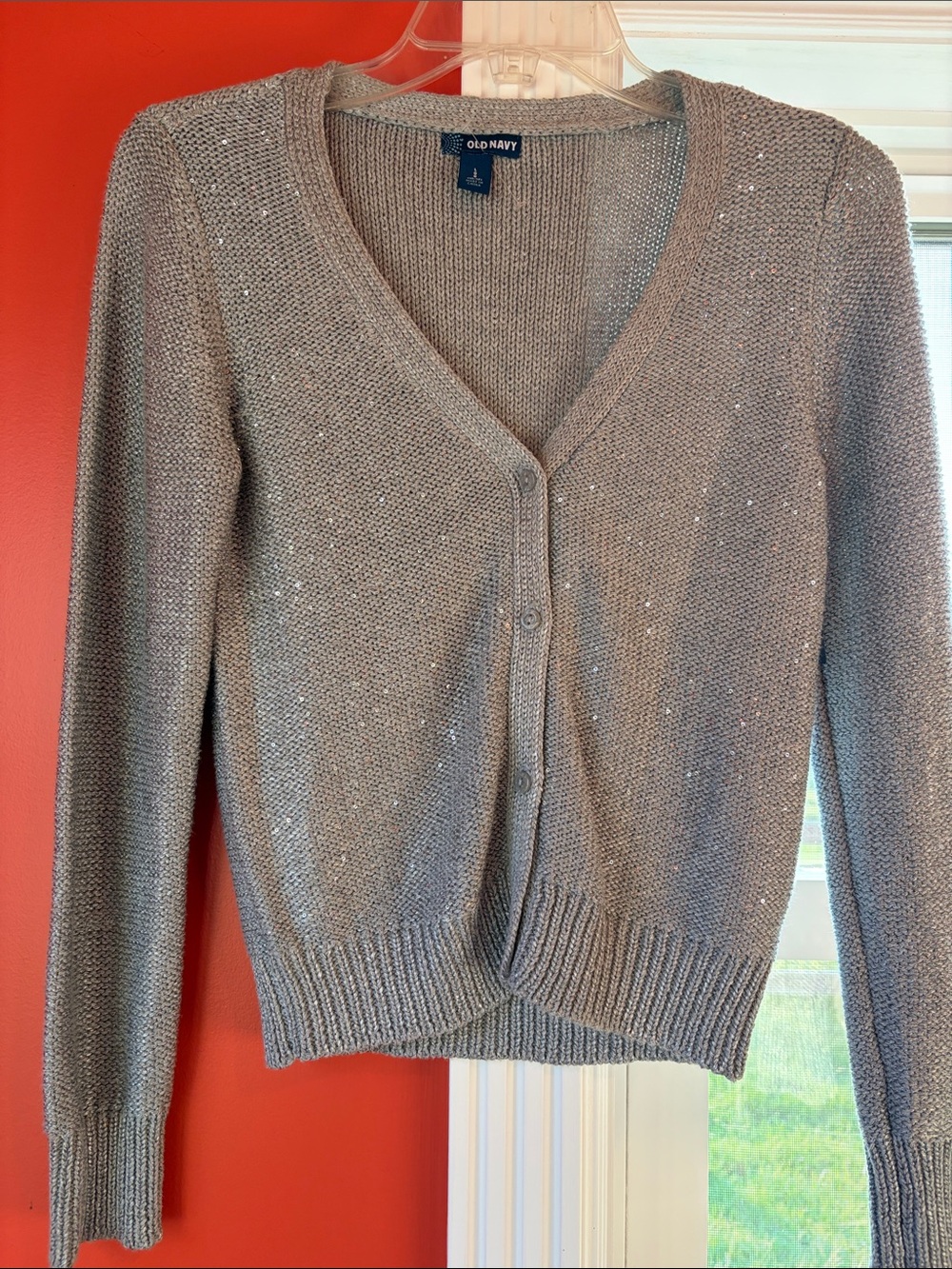 Old Navy Girls Gray V-Neck Sequin Accent Cardigan